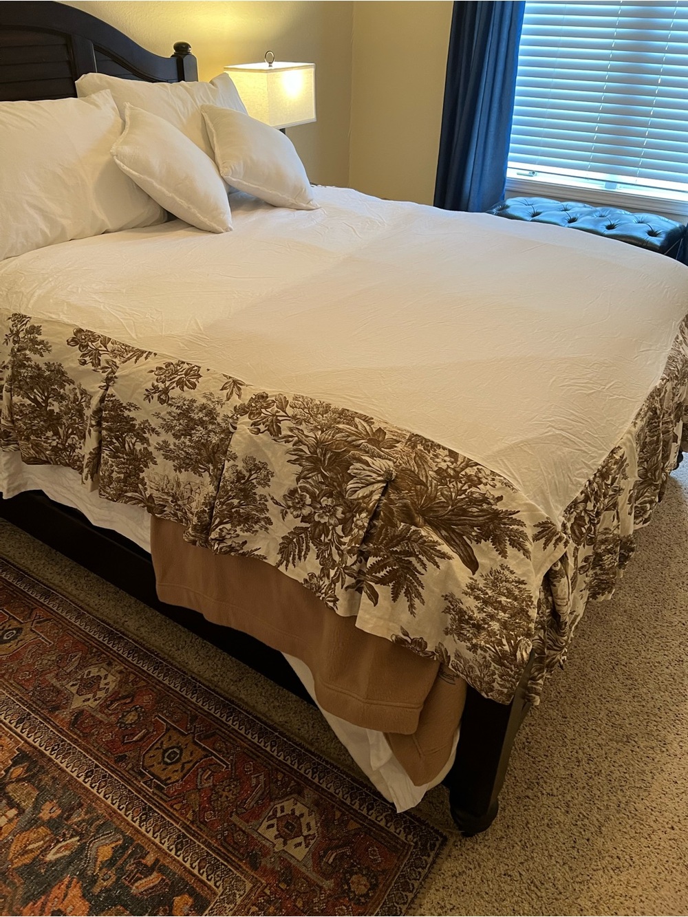 Pottery Barn Matine Classic Cream and Brown Toile linen Bed Skirt - queen